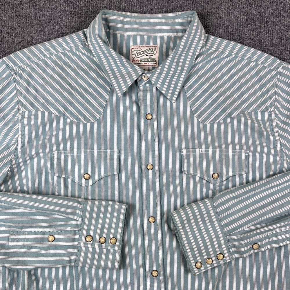 Tecovas Shirt Mens XL Blue White Striped Pearl Snap Long Sleeve Western